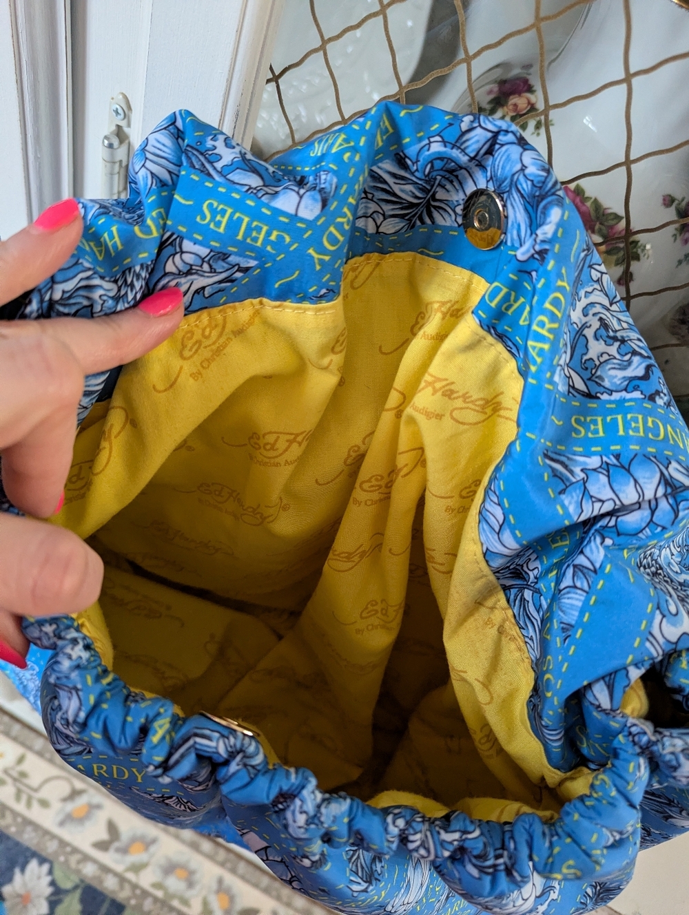 VTG Y2K Ed Hardy Bobbi Bondage Blue Yellow Floral Chain-Handle Shoulder Bag - Picture 8 of 13
